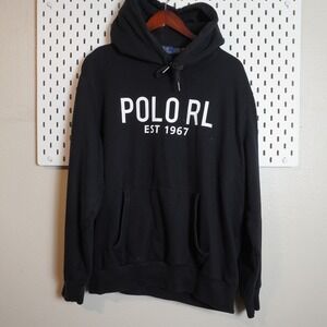 Polo Ralph Lauren Black Hoodie EST 1967 Logo Graphic Pullover Sweatshirt L READ